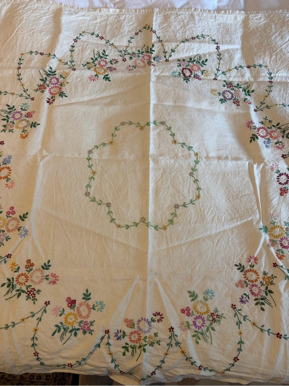 Vintage Linen Cotton Embroidered Floral Square Tablecloth in Cream Multicolor